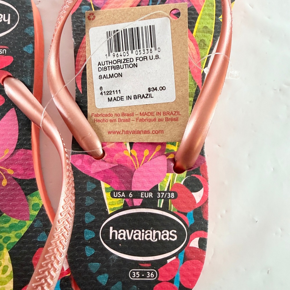 Havaianas Slim Floral Cheetah Salmon Pink Flip Flop Sandals Size 6 New - Picture 7 of 7